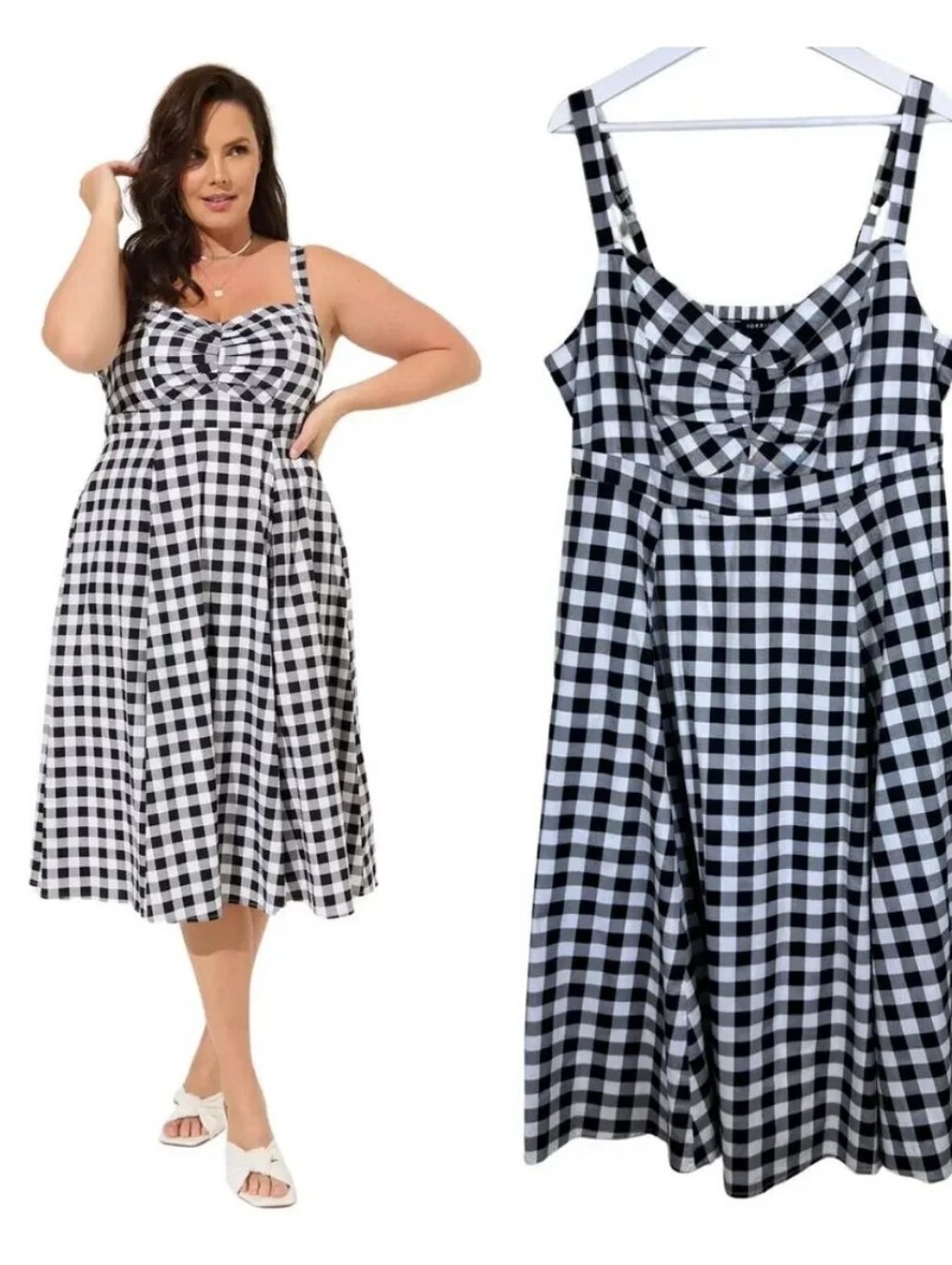 Torrid 2x Midi Poplin Sweatheart Shirred Black & White Gingham Ruched Bust Dress